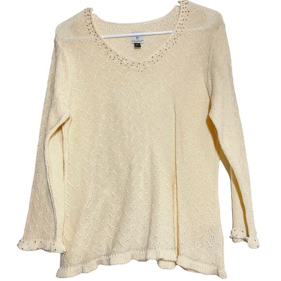 Clare Icelandic Design Sweater Pullover Embellished Collar Cotton Knit Cream M - Picture 1 of 4